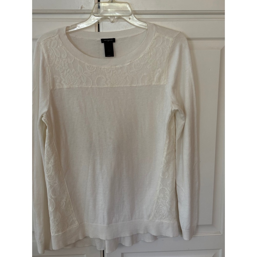 Ann Taylor Womens White Lace Panel Long Sleeve‎ Sweater Cotton Blend Size S
